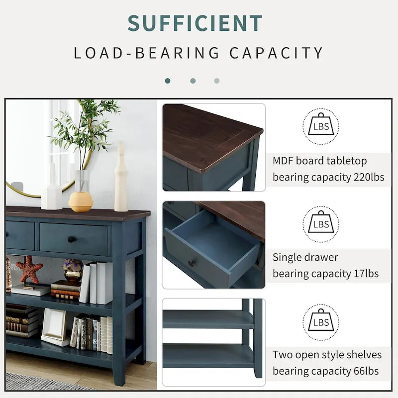 Retro Design Console Table with Two Open Shelves, Pine Solid Wood Frame and Legs for Living Room