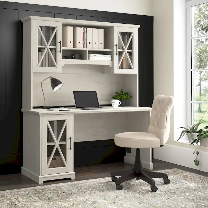 Linen White Oak Farmhouse Desk with Hutch & Storage Cabinet, 1-Person