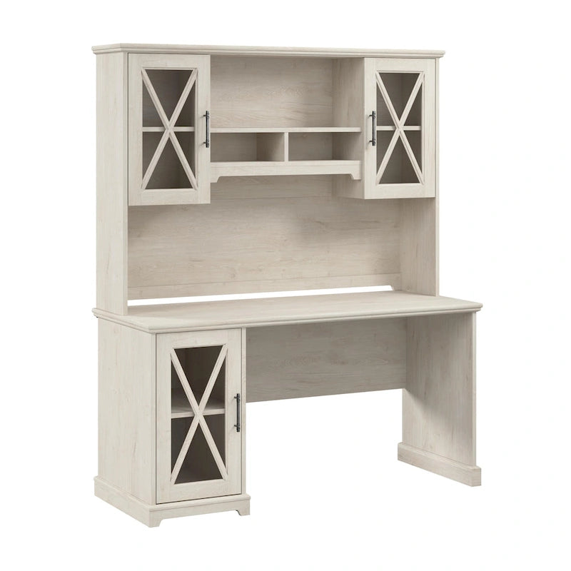 Linen White Oak Farmhouse Desk with Hutch & Storage Cabinet, 1-Person