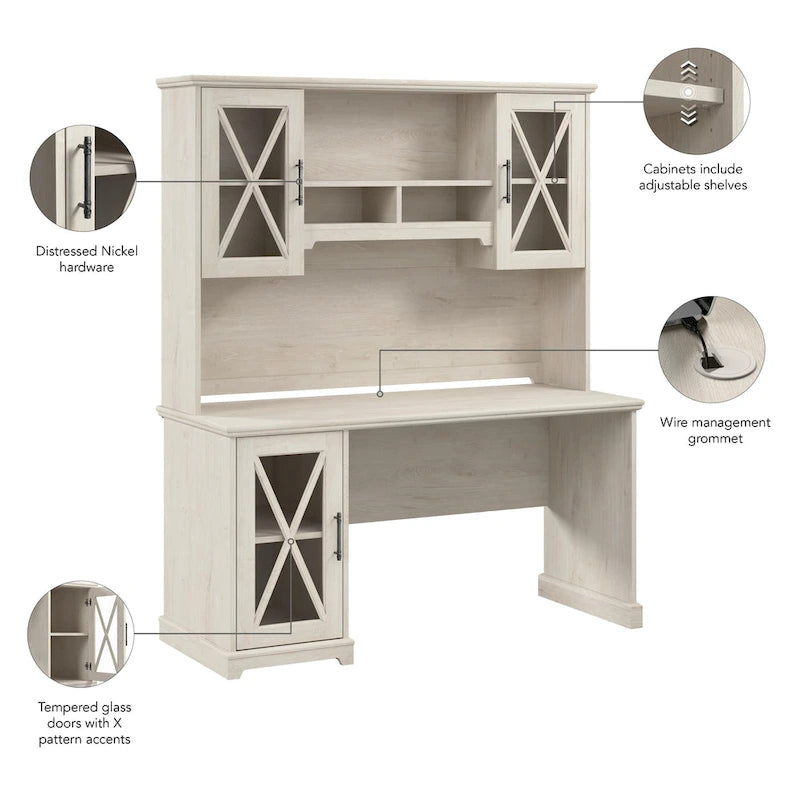 Linen White Oak Farmhouse Desk with Hutch & Storage Cabinet, 1-Person