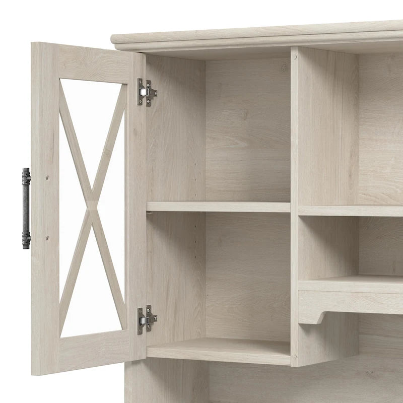 Linen White Oak Farmhouse Desk with Hutch & Storage Cabinet, 1-Person