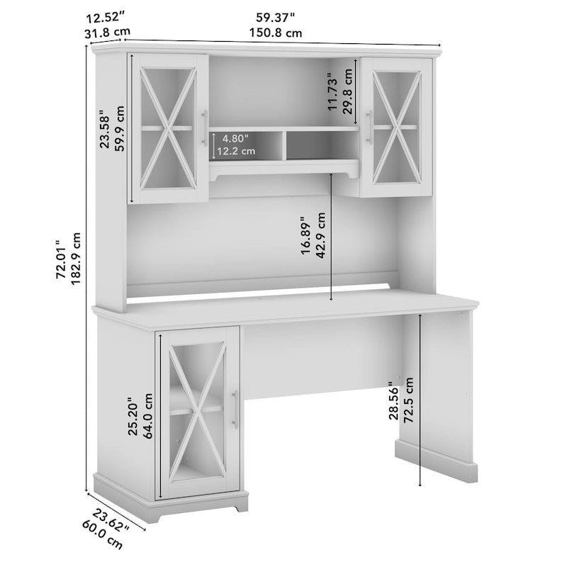 Linen White Oak Farmhouse Desk with Hutch & Storage Cabinet, 1-Person