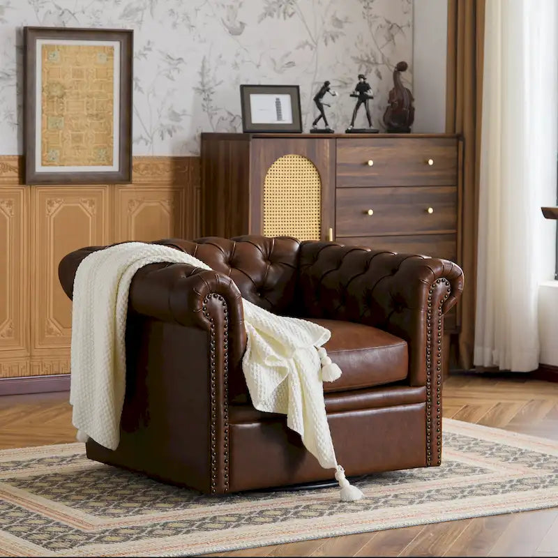 Green / Dark Brown Chesterfield Swivel Club Chair, Faux Leather, 1-Seat, 360° Rotation