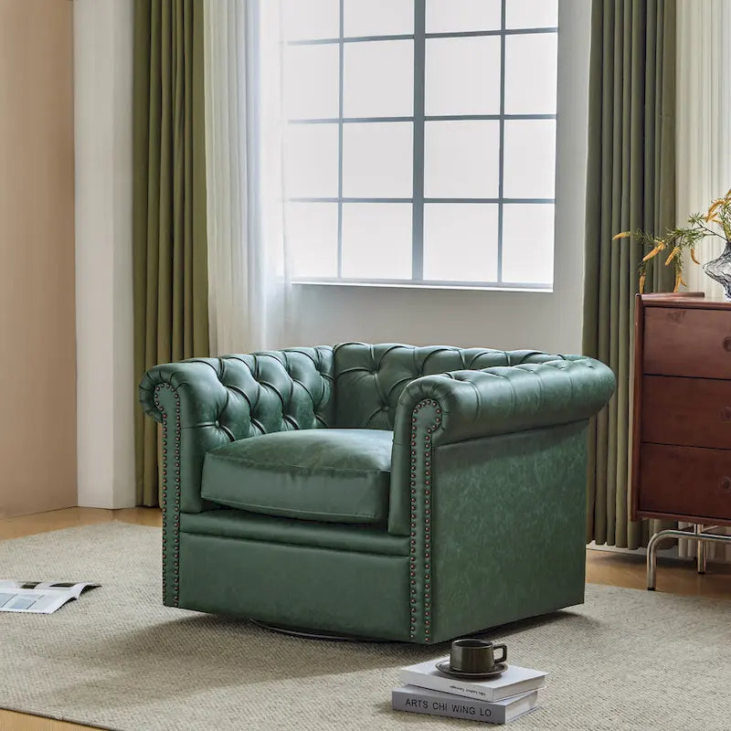 Green / Dark Brown Chesterfield Swivel Club Chair, Faux Leather, 1-Seat, 360° Rotation