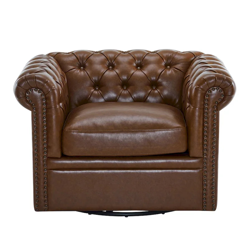 Green / Dark Brown Chesterfield Swivel Club Chair, Faux Leather, 1-Seat, 360° Rotation