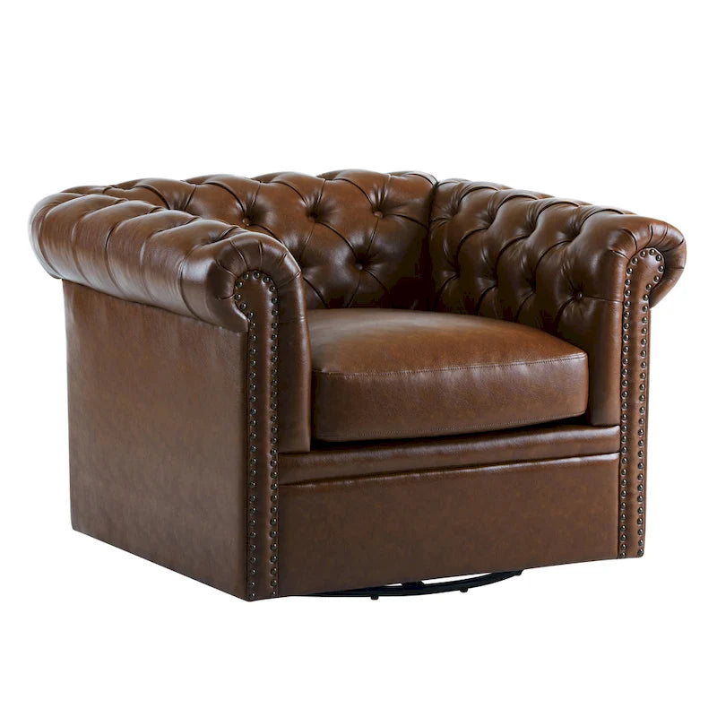 Green / Dark Brown Chesterfield Swivel Club Chair, Faux Leather, 1-Seat, 360° Rotation
