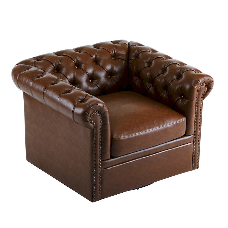 Green / Dark Brown Chesterfield Swivel Club Chair, Faux Leather, 1-Seat, 360° Rotation