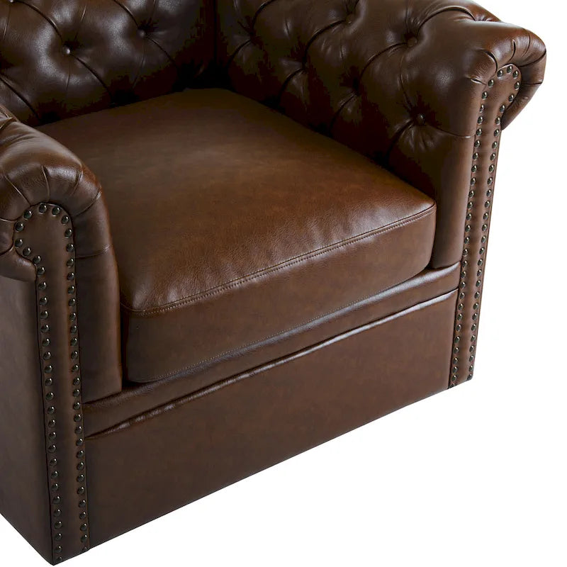 Green / Dark Brown Chesterfield Swivel Club Chair, Faux Leather, 1-Seat, 360° Rotation
