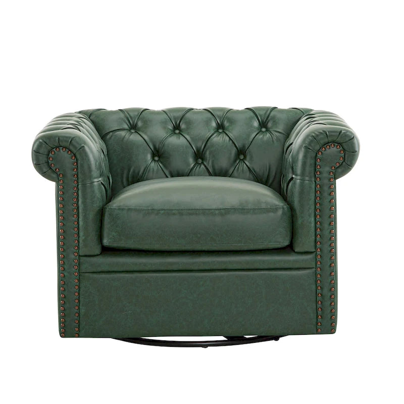 Green / Dark Brown Chesterfield Swivel Club Chair, Faux Leather, 1-Seat, 360° Rotation