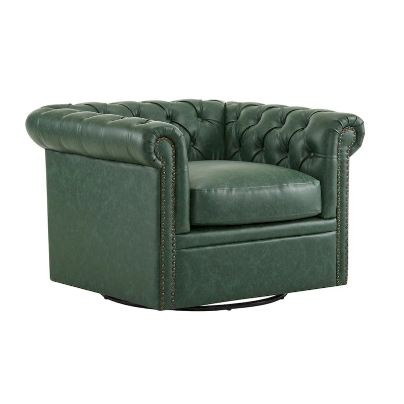 Green / Dark Brown Chesterfield Swivel Club Chair, Faux Leather, 1-Seat, 360° Rotation