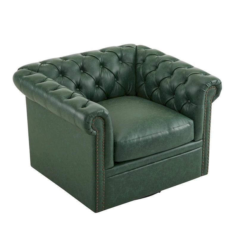 Green / Dark Brown Chesterfield Swivel Club Chair, Faux Leather, 1-Seat, 360° Rotation