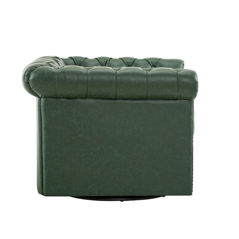 Green / Dark Brown Chesterfield Swivel Club Chair, Faux Leather, 1-Seat, 360° Rotation