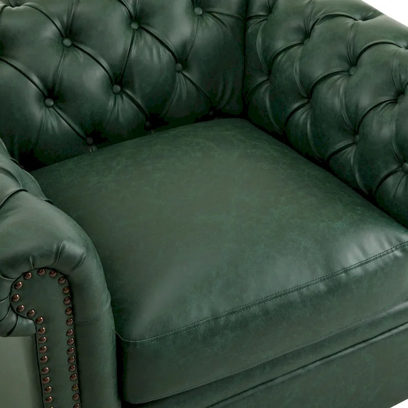Green / Dark Brown Chesterfield Swivel Club Chair, Faux Leather, 1-Seat, 360° Rotation
