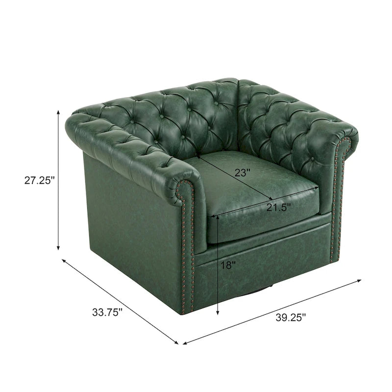 Green / Dark Brown Chesterfield Swivel Club Chair, Faux Leather, 1-Seat, 360° Rotation