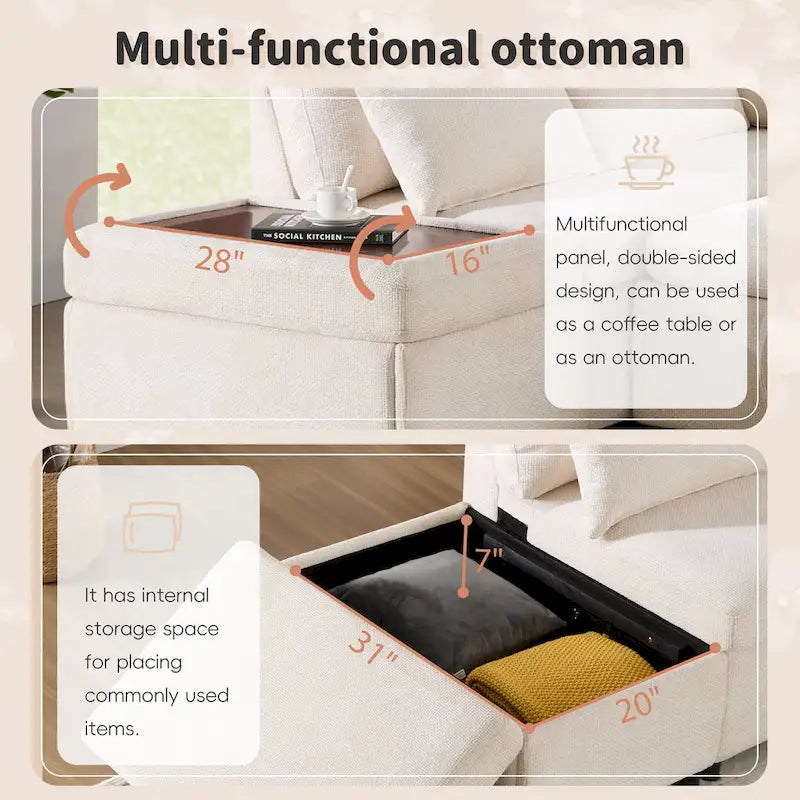 107 Oversized Chenille Modular Sectional Pull-out Sofa, Free Movement Storage Ottoman