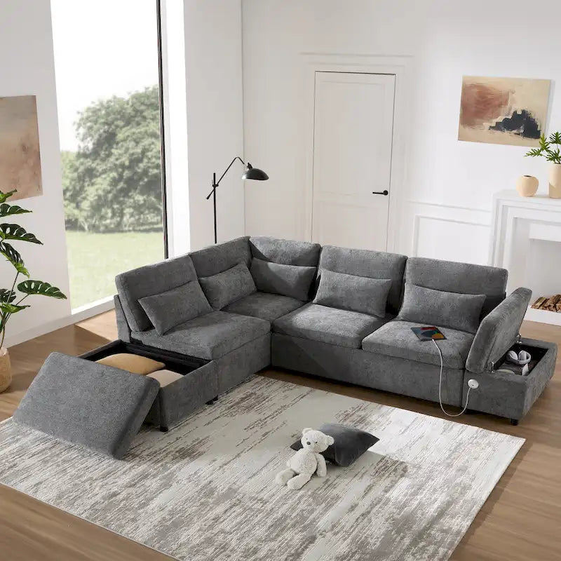 107 Oversized Chenille Modular Sectional Pull-out Sofa, Free Movement Storage Ottoman