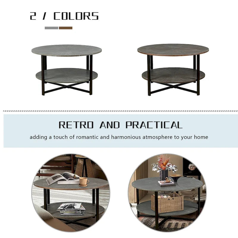 31.5 Farmhouse Round Coffee Table with 2-Tier Storage & Metal Leg