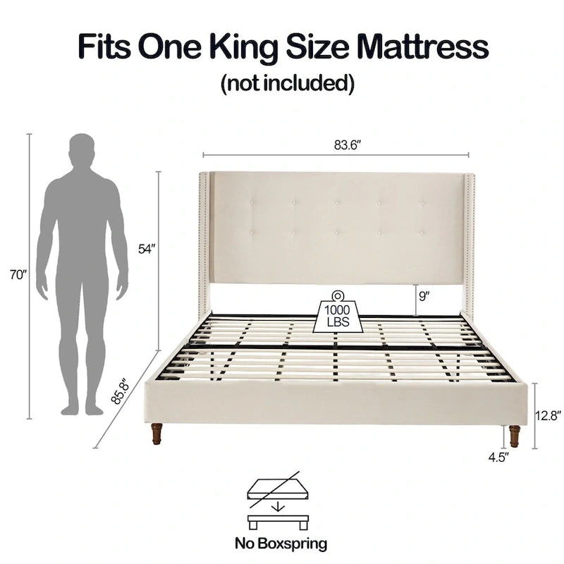 Upholstered King Bed Features a 54 High Headboard w/Buttoned Tuft