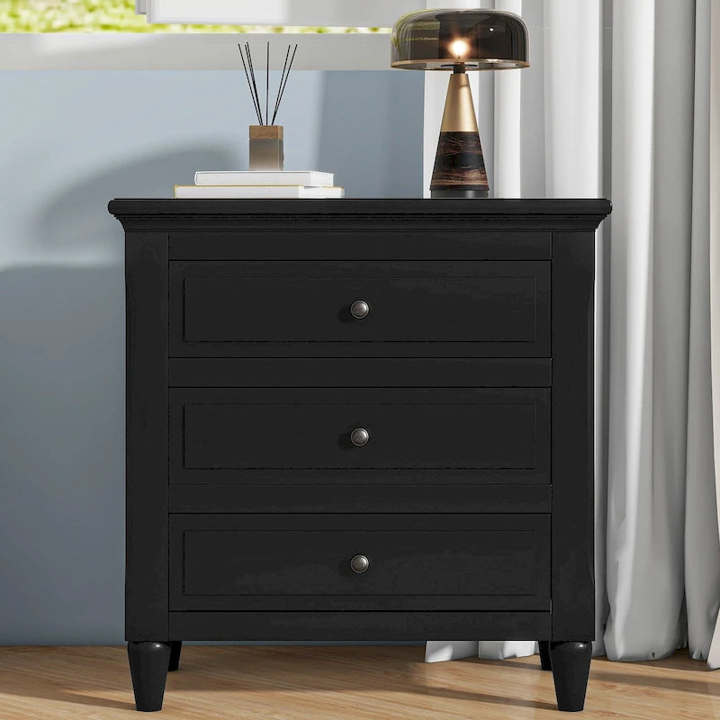 Mid-Century Modern Nightstand, Wooden Lockers with Metal Handle 3 Drawers, Entry Side Table with Solid Wood Legs
