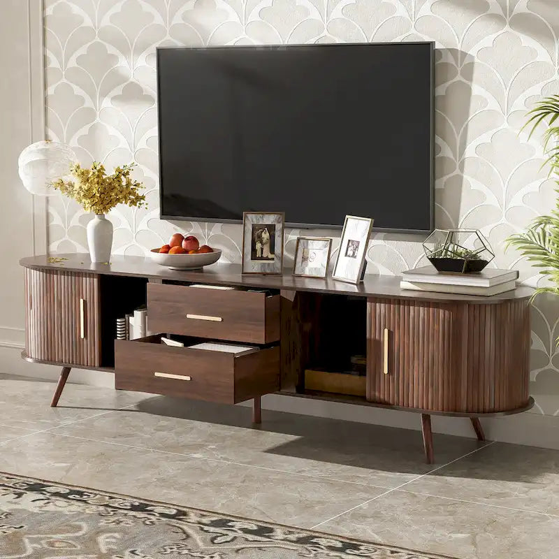 Mid-Century Modern TV Stand for 80 TV, Entertainment Center with Storage Media Console Table with 2 Drawers