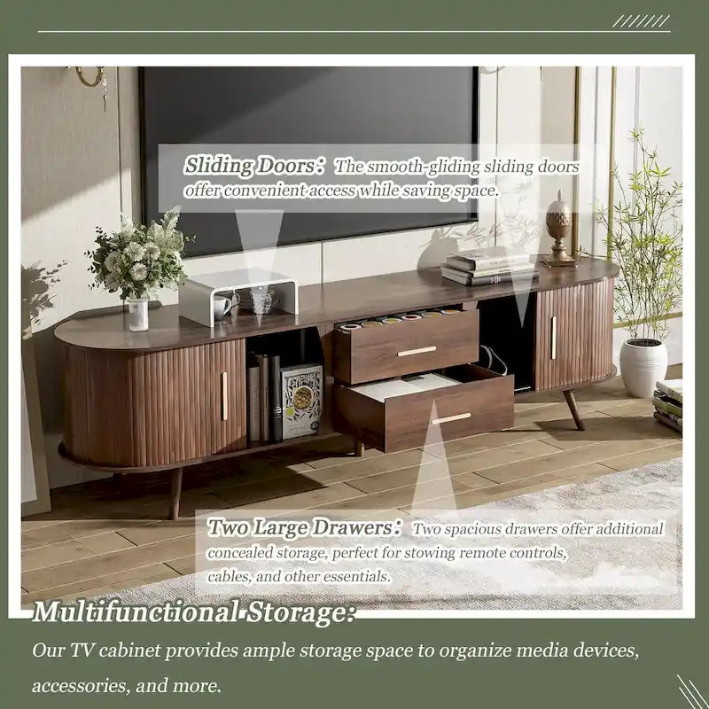 Mid-Century Modern TV Stand for 80 TV, Entertainment Center with Storage Media Console Table with 2 Drawers