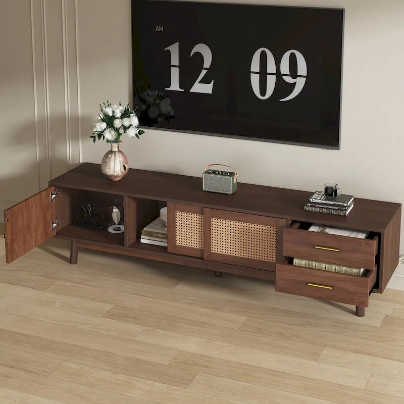 Mid-Century Modern TV Stand for 80 TV, Entertainment Center with Storage Media Console Table with 2 Drawers