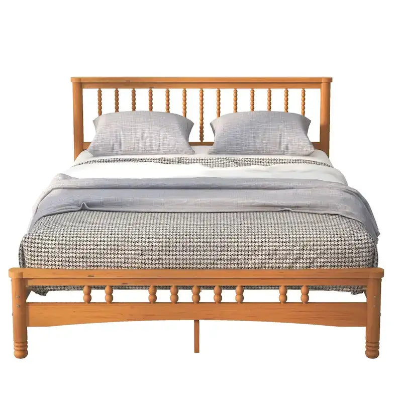 Oak Queen Platform Bed with Headboard, Solid Wood, For 2