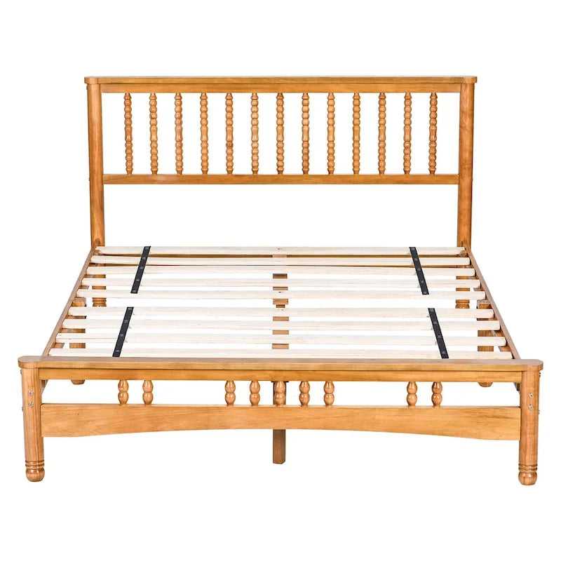 Oak Queen Platform Bed with Headboard, Solid Wood, For 2