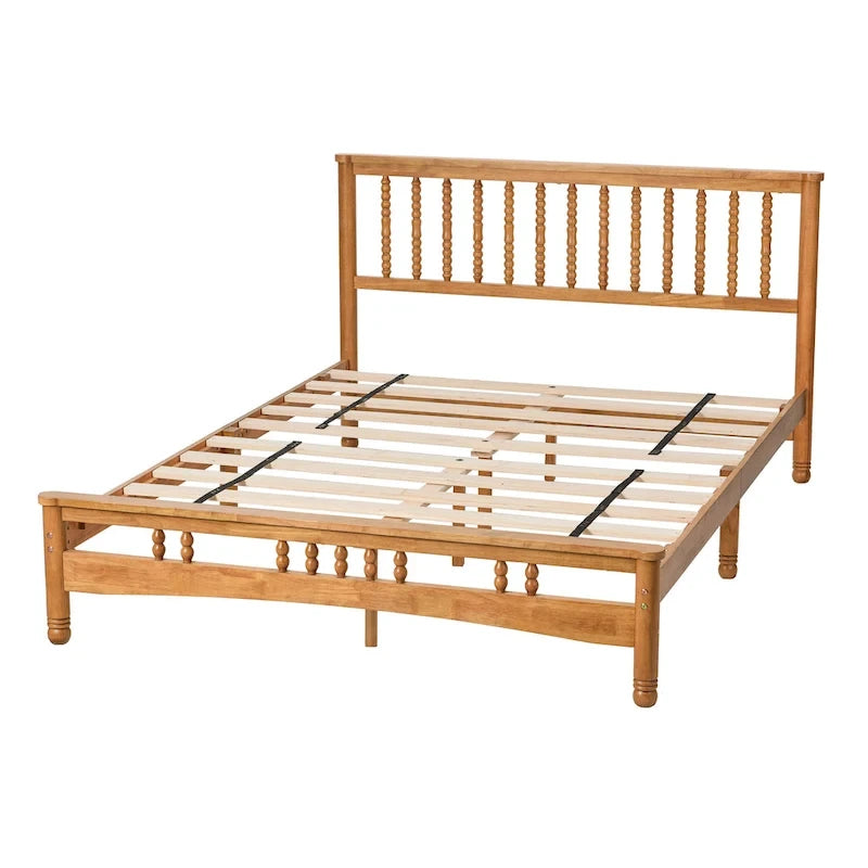 Oak Queen Platform Bed with Headboard, Solid Wood, For 2