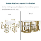 Golden+White 7-Piece Metal Frame Dining Table Set with Half-Round Table & 6 Chairs
