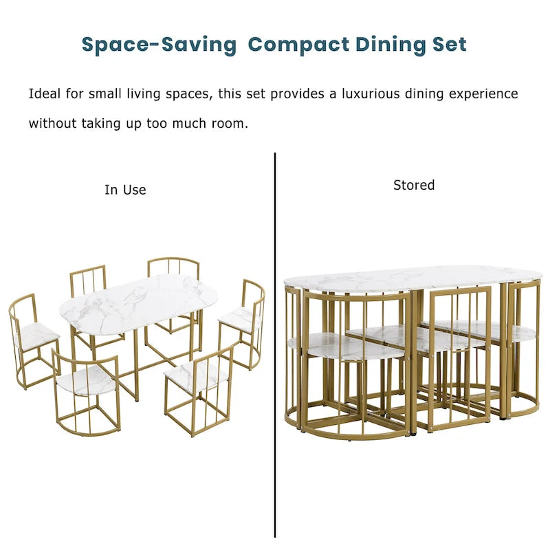 Golden+White 7-Piece Metal Frame Dining Table Set with Half-Round Table & 6 Chairs