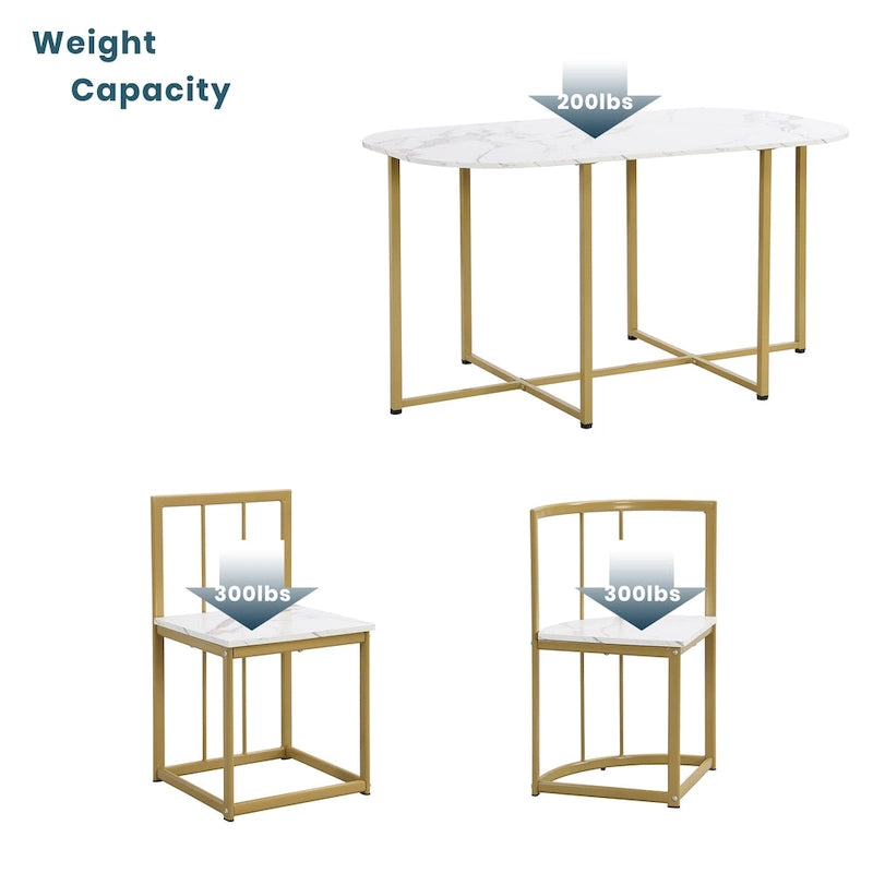 Golden+White 7-Piece Metal Frame Dining Table Set with Half-Round Table & 6 Chairs
