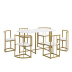 Golden+White 7-Piece Metal Frame Dining Table Set with Half-Round Table & 6 Chairs