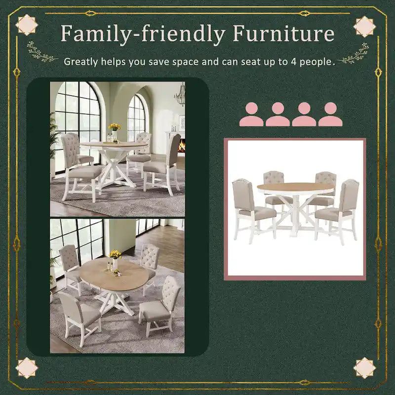 Retro 5-Piece Wooden Dining Table Set with Extendable Round Table & 4 Chairs