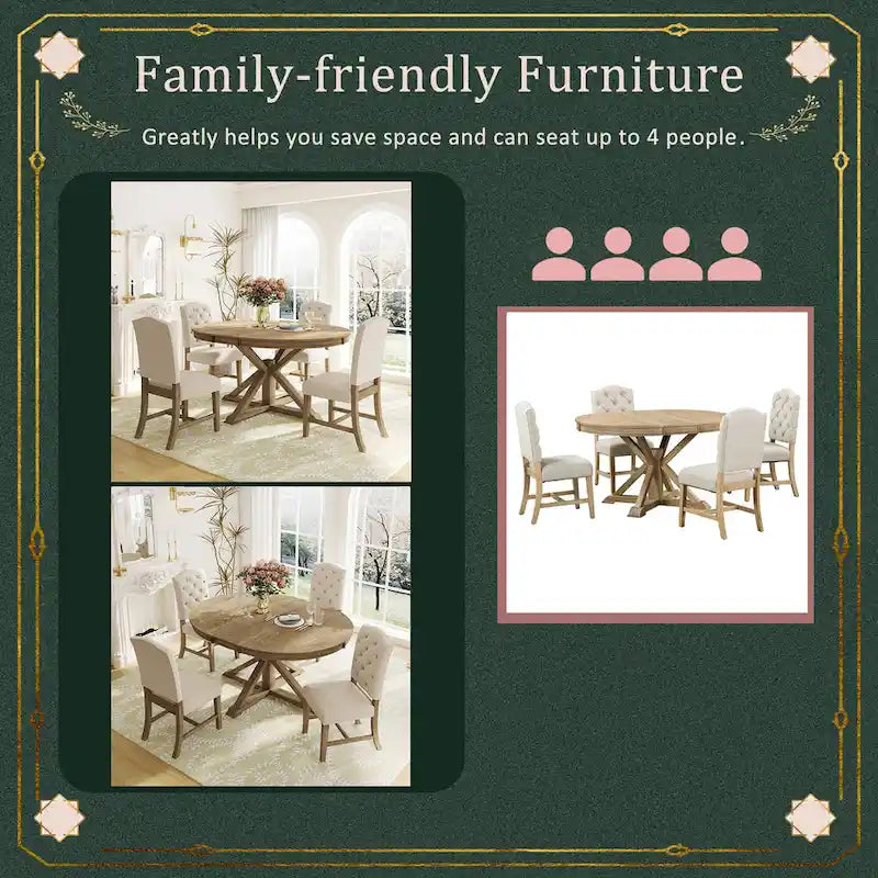 Retro 5-Piece Wooden Dining Table Set with Extendable Round Table & 4 Chairs