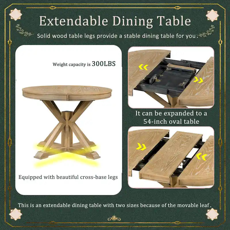 Retro 5-Piece Wooden Dining Table Set with Extendable Round Table & 4 Chairs