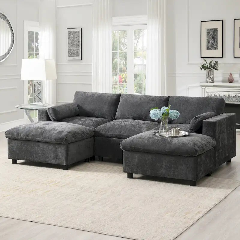 86.5 Chenille Modular Sofa with Storage Pockets, Movable Ottomans