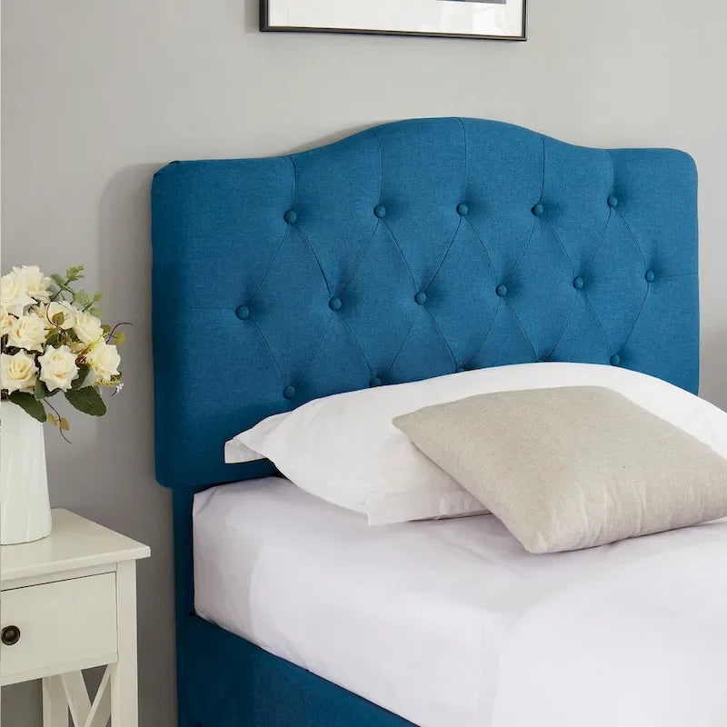 VECELO Modern Tufted Upholstered Bed Frame with Height- Adjustable Headboard,Dark Blue
