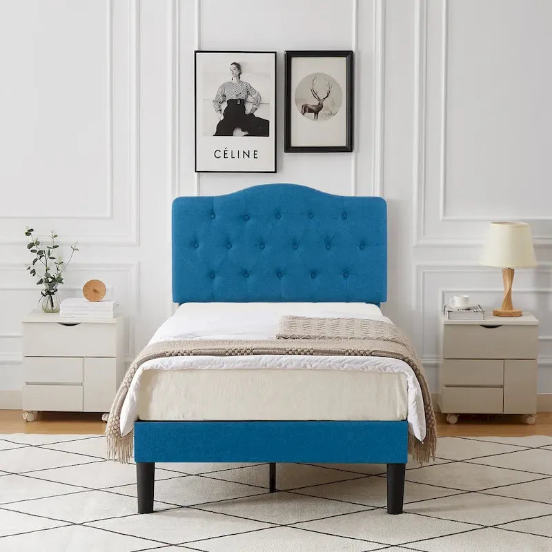 VECELO Modern Tufted Upholstered Bed Frame with Height- Adjustable Headboard,Dark Blue