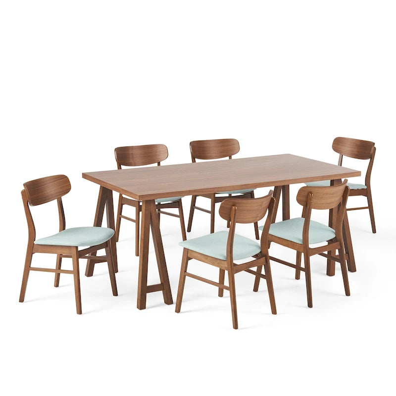 Walnut / Natural Oak Mid-Century Dining Set, Upholstered Chairs, Seats 6