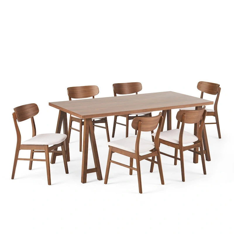 Walnut / Natural Oak Mid-Century Dining Set, Upholstered Chairs, Seats 6