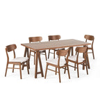 Walnut / Natural Oak Mid-Century Dining Set, Upholstered Chairs, Seats 6
