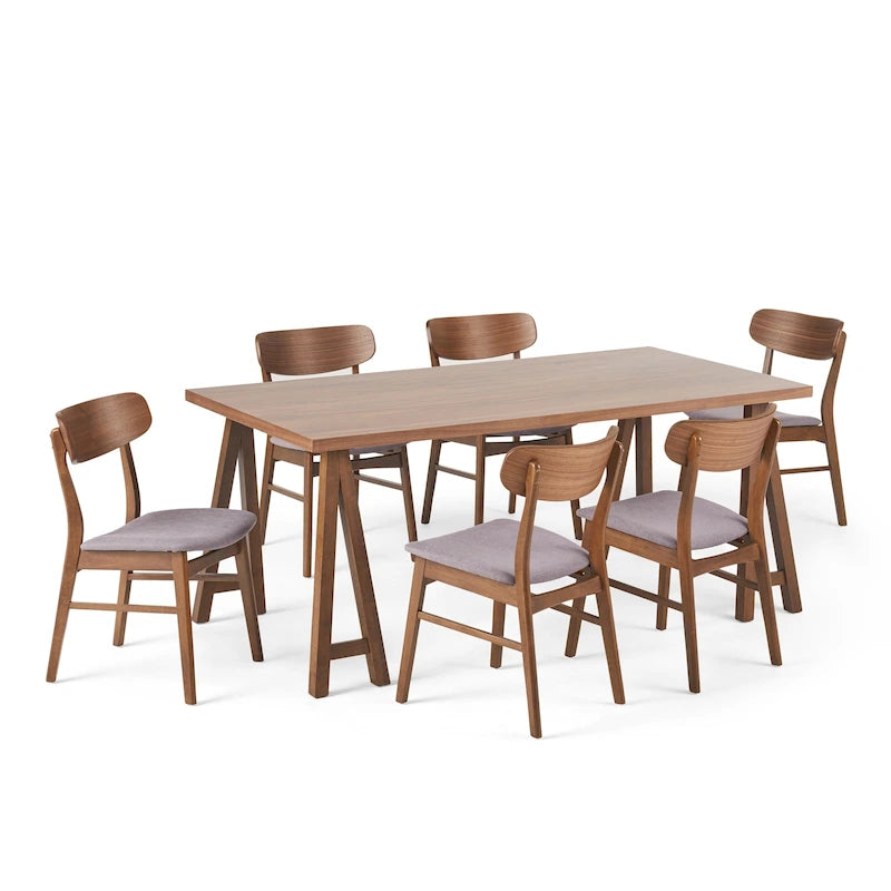 Walnut / Natural Oak Mid-Century Dining Set, Upholstered Chairs, Seats 6
