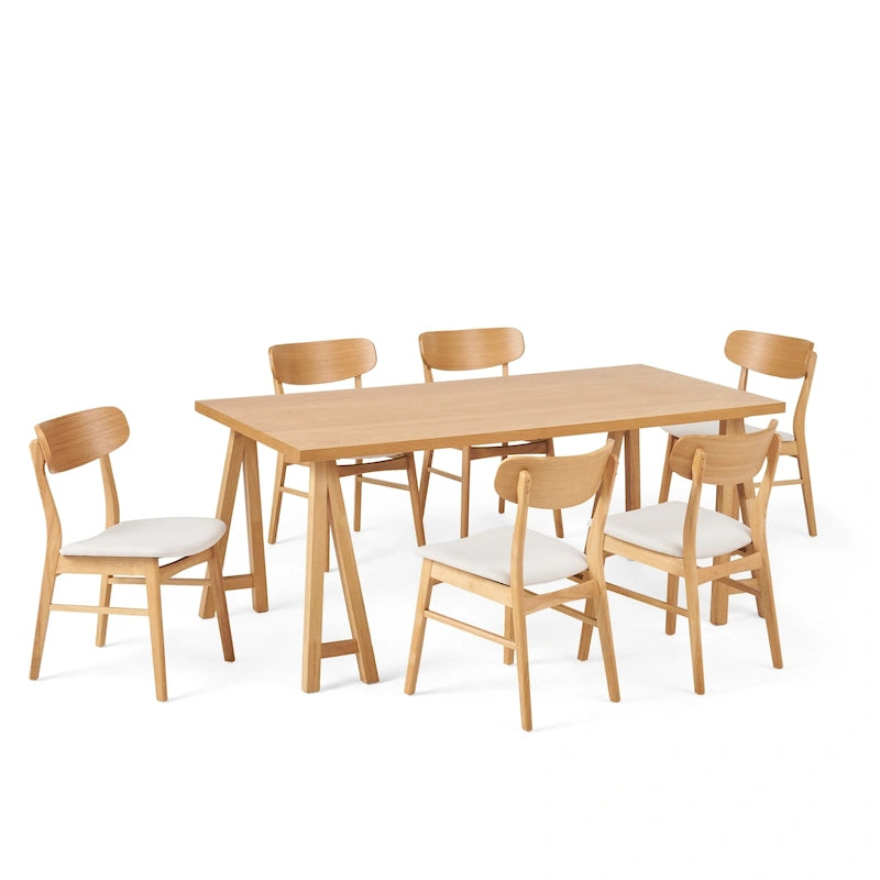 Walnut / Natural Oak Mid-Century Dining Set, Upholstered Chairs, Seats 6