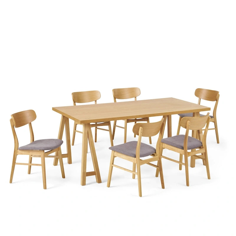 Walnut / Natural Oak Mid-Century Dining Set, Upholstered Chairs, Seats 6