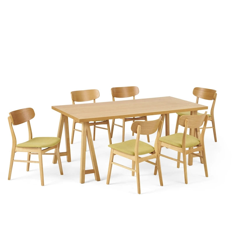 Walnut / Natural Oak Mid-Century Dining Set, Upholstered Chairs, Seats 6