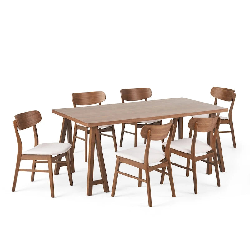 Walnut / Natural Oak Mid-Century Dining Set, Upholstered Chairs, Seats 6
