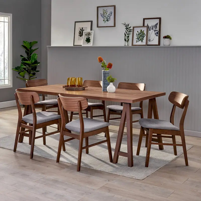 Walnut / Natural Oak Mid-Century Dining Set, Upholstered Chairs, Seats 6