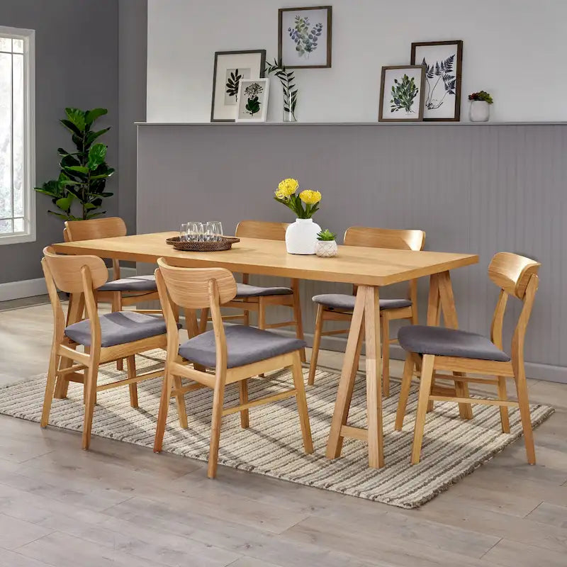 Walnut / Natural Oak Mid-Century Dining Set, Upholstered Chairs, Seats 6