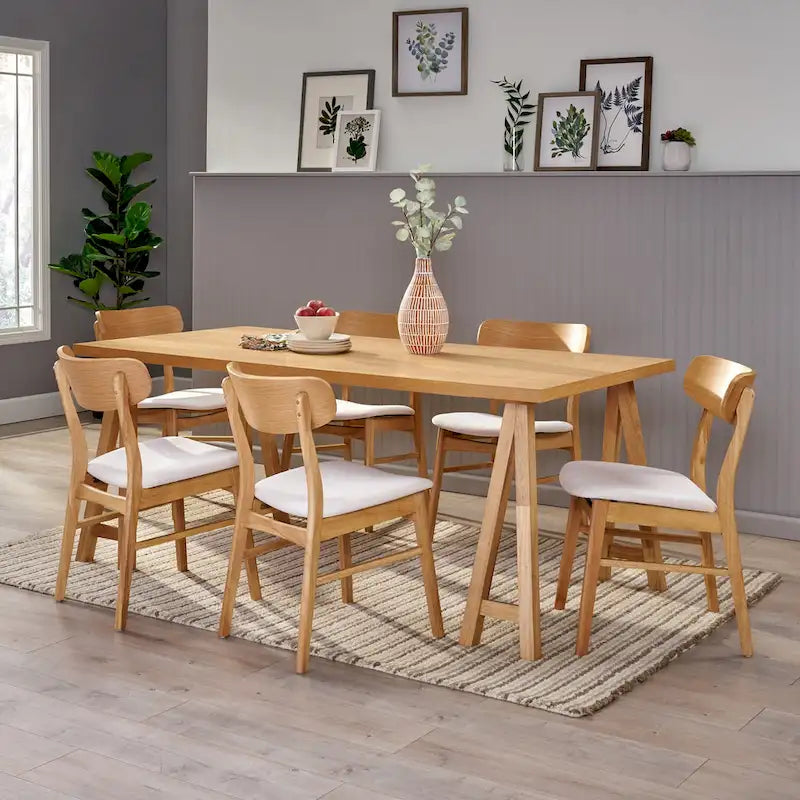 Walnut / Natural Oak Mid-Century Dining Set, Upholstered Chairs, Seats 6